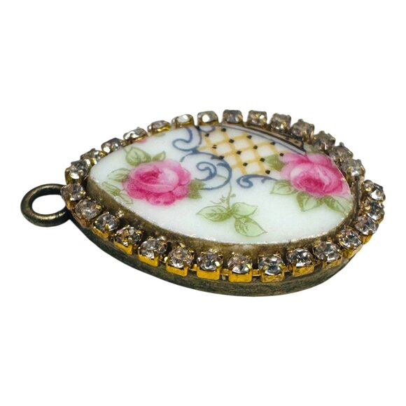 VNTG Bavaria Franklin Teardrop Porcelain Pendant W/ Pink Roses & Rhinestone Trim - Picture 9 of 11